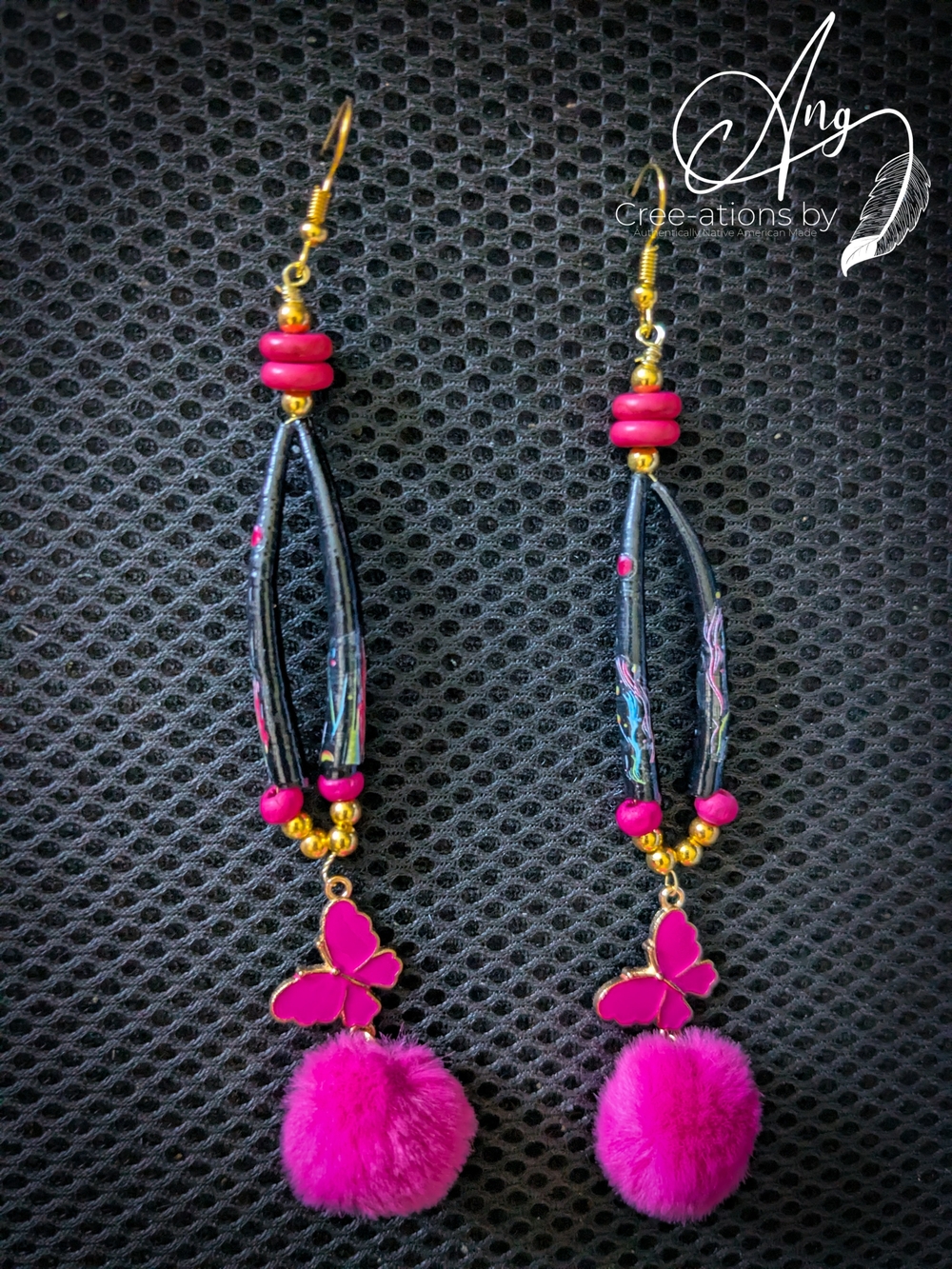 Neon Pink Butterfly Pom-Pom Black Neon Splatter Dentalium Shell Earrings